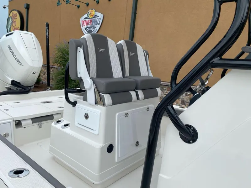 Slide: The Image of 2025 Ranger 2510 Bay boat with dual seats and Mercury outboard motor. - 8