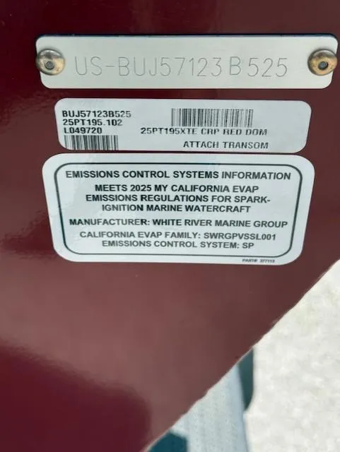 Slide: The Image of 2025 Tracker Pro Team 195 Tournament Edition emissions control label, California regulations compliance. - 12