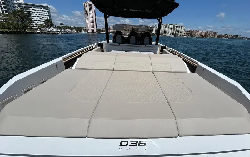 Slide: The Image of 2025 De Antonio Yachts D36, luxury yacht with spacious sun deck on open water. - 16