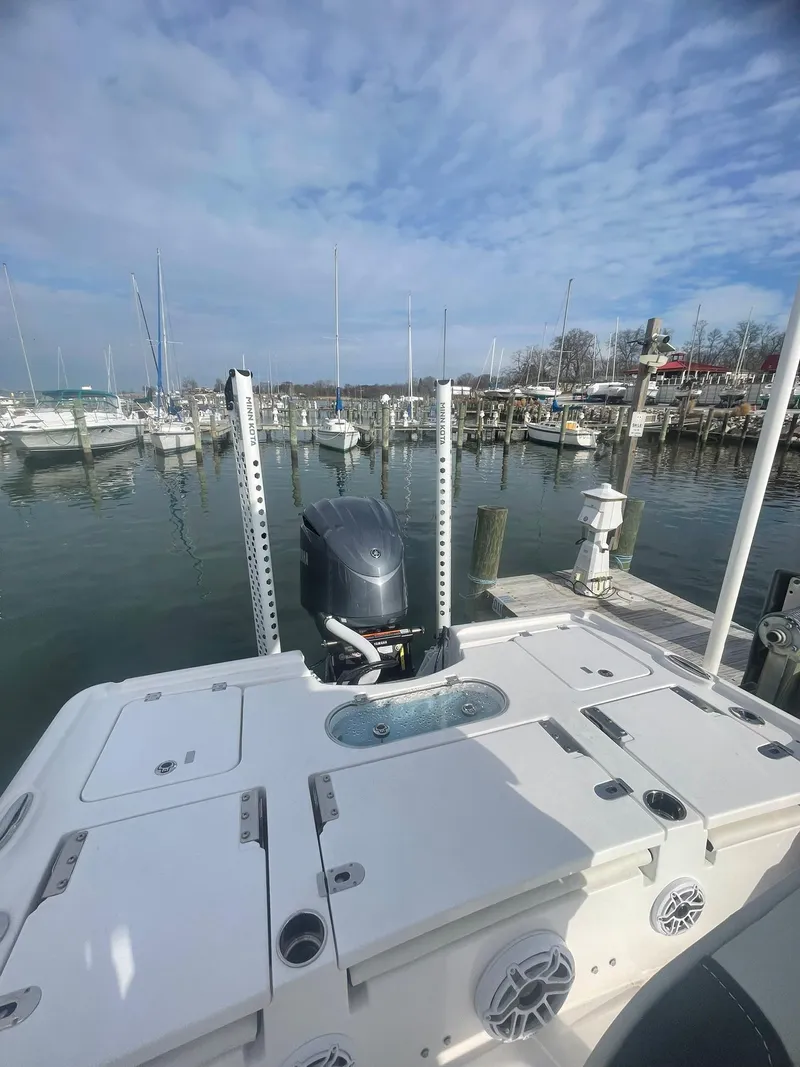 Slide: The Image of 2024 Tidewater 2500 Carolina Bay boat docked at a marina under a cloudy sky. - 5