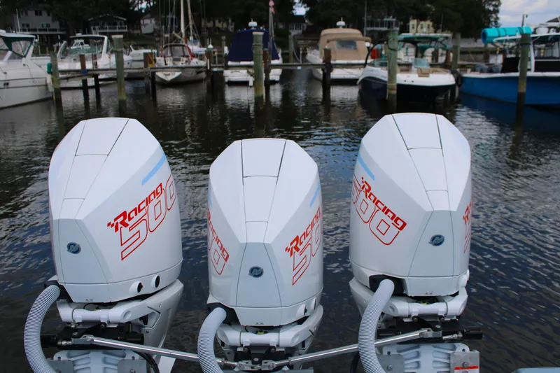 Slide: The Image of Triple Mercury Racing 300 outboard engines on a 2024 Yellowfin 36 Offshore boat. - 20