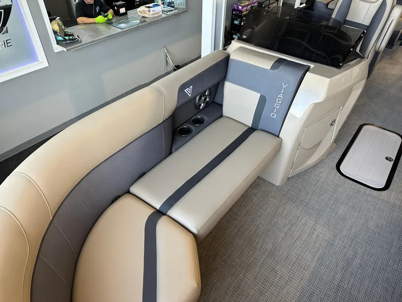 Slide: The Image of Luxurious seating in 2025 Viaggio Lago X-U boat, featuring beige and gray upholstery. - 8
