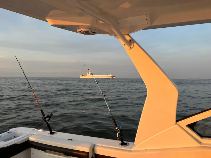 Slide: The Image of 2018 Edgewater 262 CX boat with fishing rods, ocean view, and distant ship at sunset. - 22