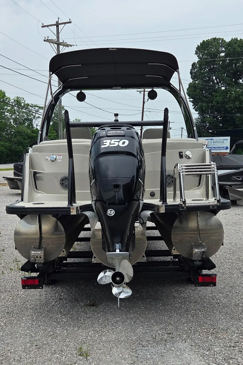 Slide: The Image of 2018 South Bay 725 RS ARCH DELUXE 3.0 pontoon boat with powerful 350 engine, rear view. - 4