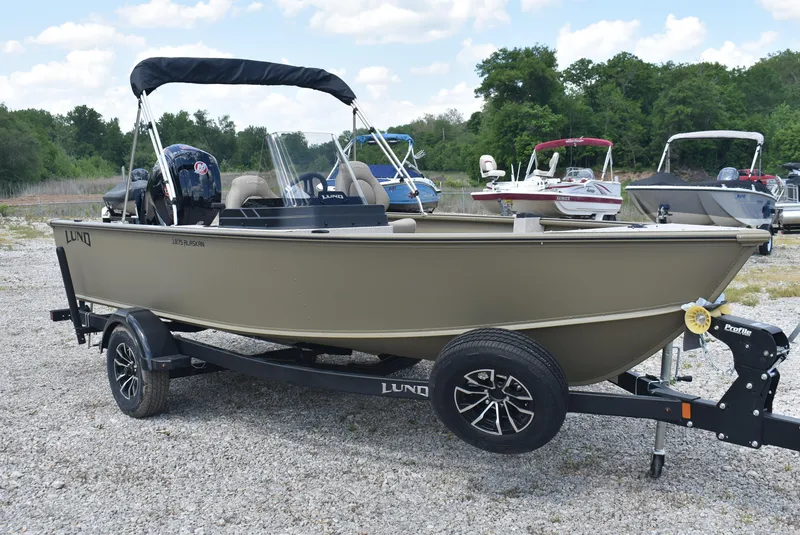 Slide: The Image of 2025 Lund 1875 Alaskan SS boat on trailer, parked outdoors with other boats nearby. - 3
