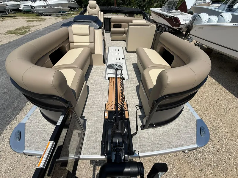 Slide: The Image of 2025 Premier 230 Sunsation Angler 2pt pontoon boat with spacious seating and modern design. - 18