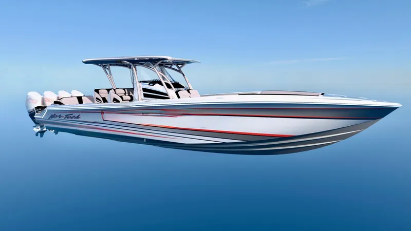 Slide: The Image of 2026 Nor-Tech 390 Sport Center Console boat on calm blue water. - 1