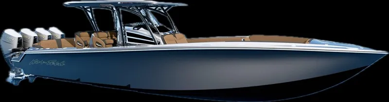 Slide: The Image of 2026 Nor-Tech 390 Sport Center Console boat with sleek design and multiple engines. - 2