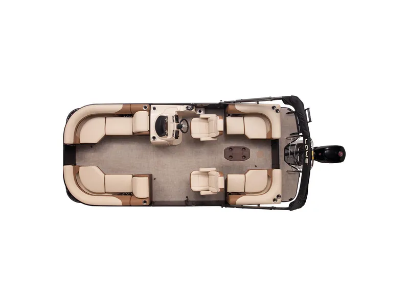 Slide: The Image of 2024 Lowe L-Shaped SS 210 pontoon boat, top view, beige seating, spacious layout. - 5