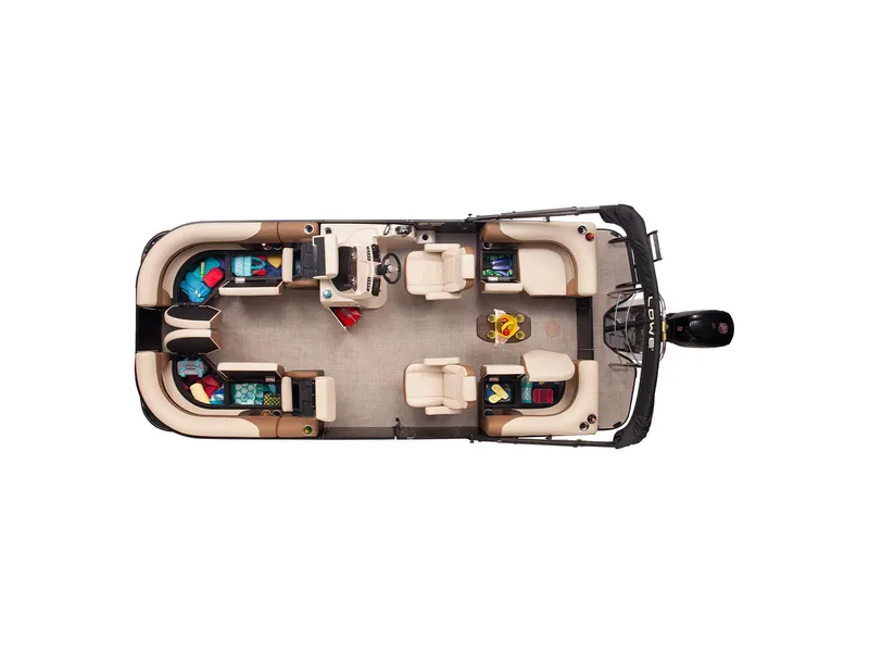 Slide: The Image of 2024 Lowe L-Shaped SS 210 pontoon boat, top view, spacious seating, modern design. - 6