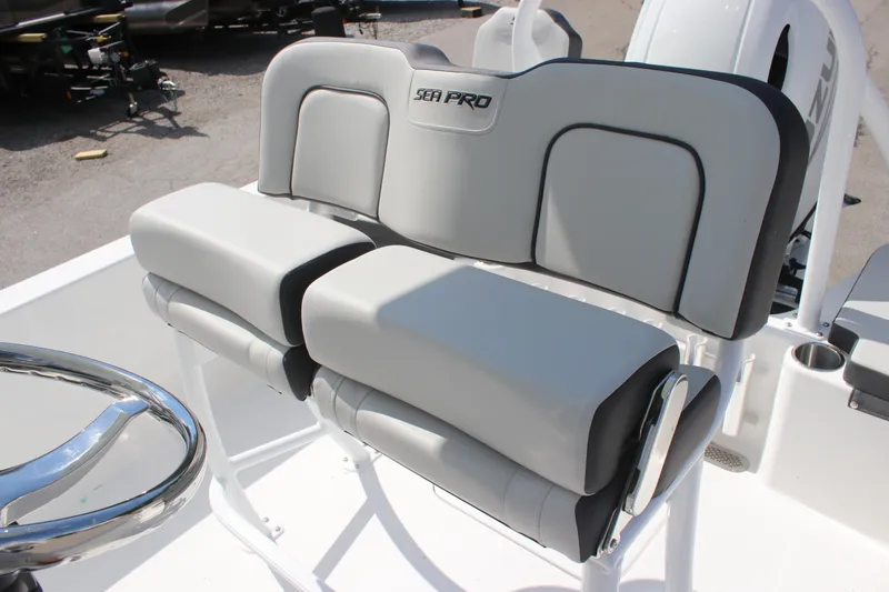 Slide: The Image of 2025 Sea Pro 202 CC boat seating with sleek, modern design and comfortable cushions. - 20