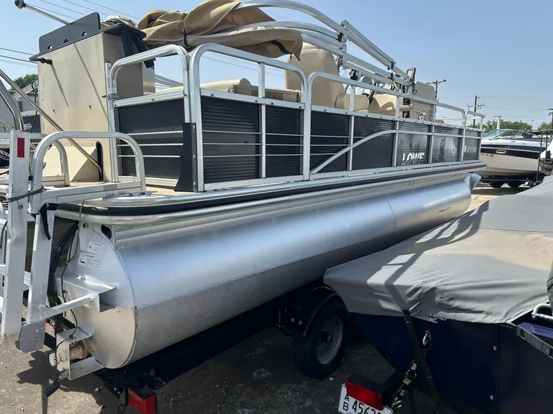 Slide: The Image of 2014 Lowe SF214 Sport Fish pontoon boat on trailer, side view. - 2