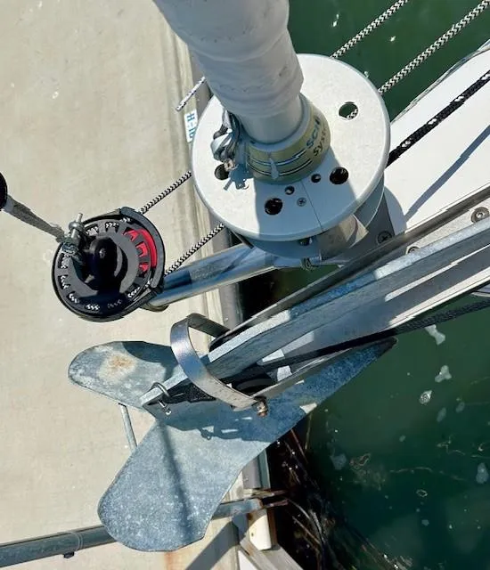 Slide: The Image of Hanse 400 sailboat anchor and rigging detail, 2007 model, docked at marina. - 5