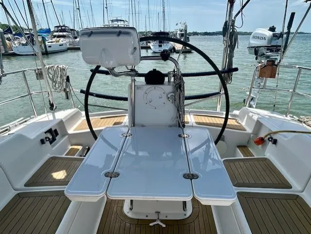 Slide: The Image of Cockpit of 2007 Hanse 400 sailboat with steering wheel and navigation equipment. - 8
