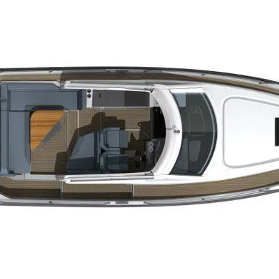 Slide: The Image of Top view of 2024 Nimbus W9 boat, showcasing sleek design and spacious interior layout. - 23