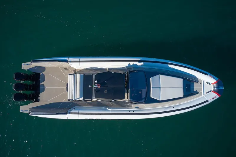 Slide: The Image of Overhead view of 2025 Anvera 42 Speedster boat on calm water. - 19
