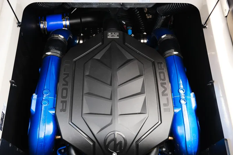 Slide: The Image of 2025 MasterCraft XT24 engine with blue components and Ilmor branding. - 38