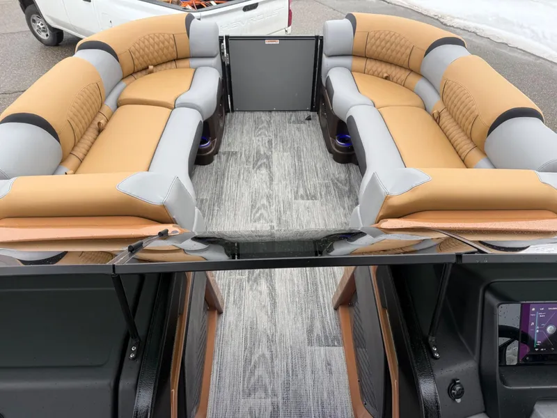 Slide: The Image of 2025 Tahoe Pontoon Grand Tahoe LTD Quad Lounge Windshield with luxurious seating and modern design. - 9