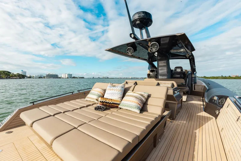 Slide: The Image of Luxurious Anvera 48 yacht (2025) with spacious sun deck and scenic ocean view. - 8