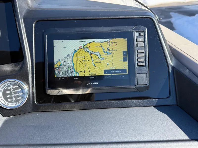 Slide: The Image of Garmin navigation display on 2025 Tahoe Pontoon Cascade Versatile Rear Lounger dashboard. - 10