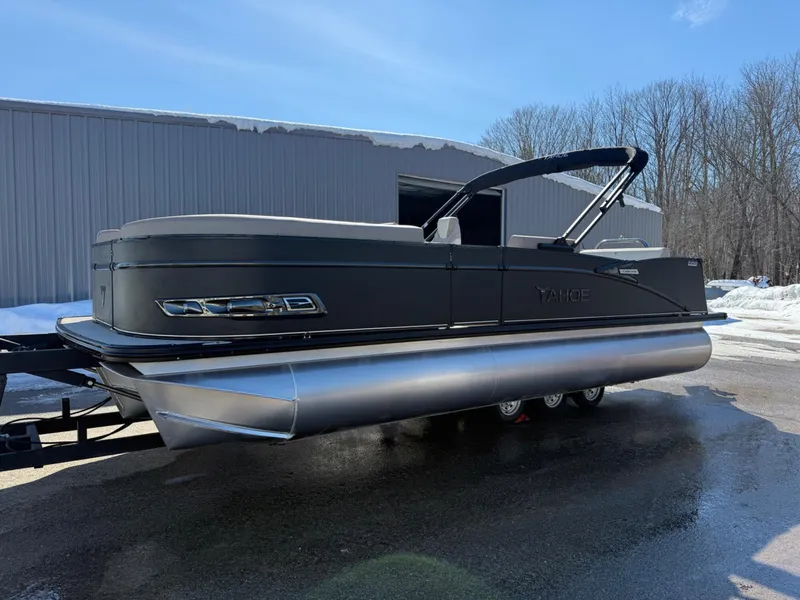 Slide: The Image of 2025 Tahoe Pontoon Cascade Versatile Rear Lounger in a snowy outdoor setting. - 5