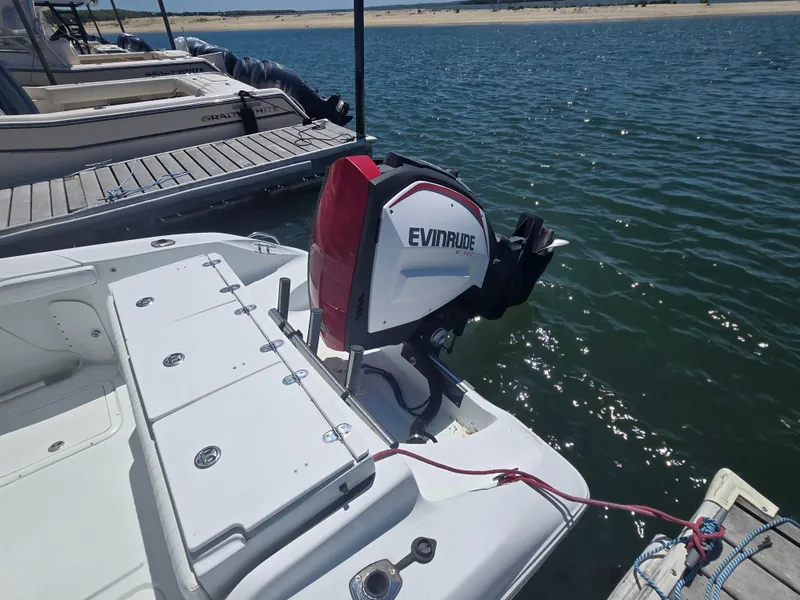 Slide: The Image of 2004 Baja 250 Sportfish with Evinrude outboard motor docked by the water. - 10