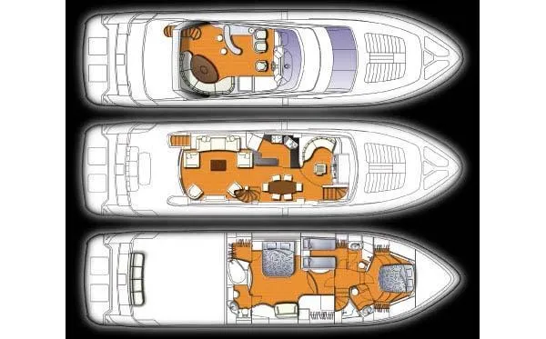 Slide: The Image of Floor plan of 2007 Marquis 65 yacht, showcasing three detailed deck layouts. - 25