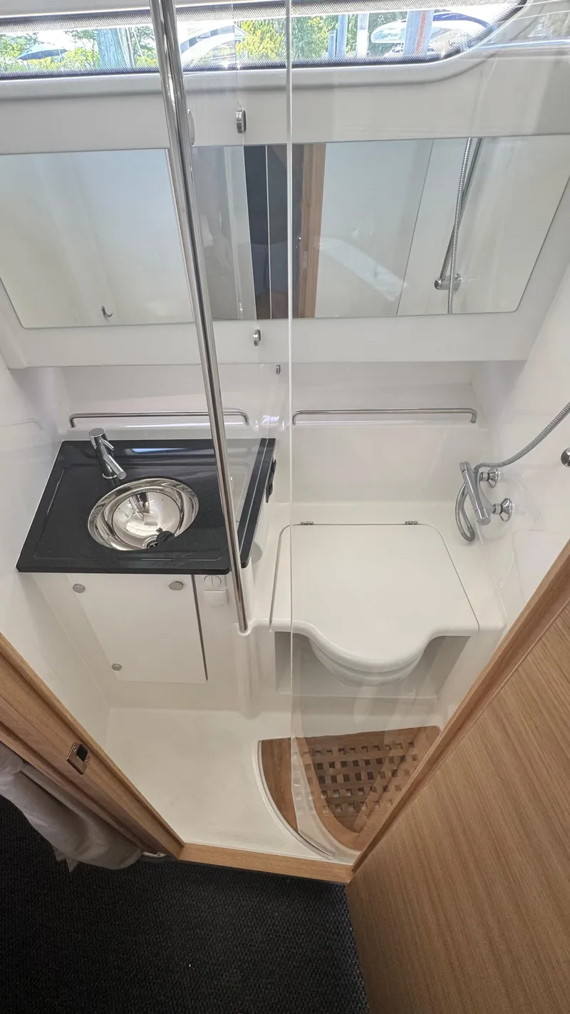 Slide: The Image of Modern bathroom in 2025 Nimbus T11 boat with sink, toilet, and shower. - 40