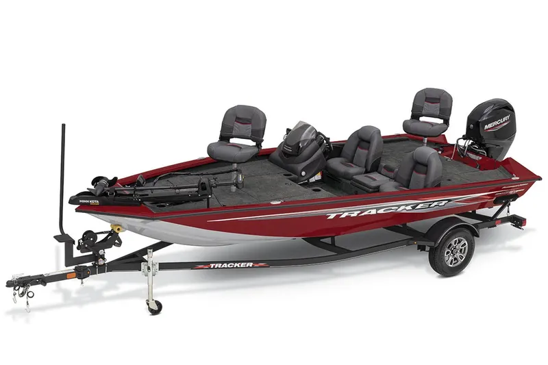 Slide: The Image of 2022 Tracker PRO TEAM 175 TWX fishing boat, red and black, on trailer. - 23