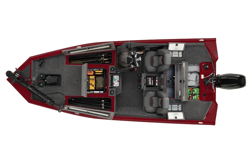 Slide: The Image of 2022 Tracker PRO TEAM 175 TWX fishing boat, top view, red exterior, spacious layout. - 24