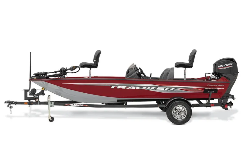 Slide: The Image of 2022 Tracker PRO TEAM 175 TWX fishing boat, red, side view, on trailer. - 26