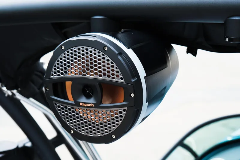 Slide: The Image of 2025 MasterCraft XT24 boat with Klipsch speaker, showcasing premium audio system. - 43