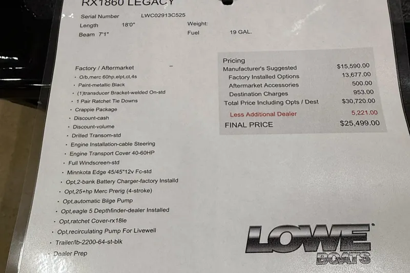 Slide: The Image of Lowe Legacy 2025 RX1860 boat specifications and pricing details on display. - 15