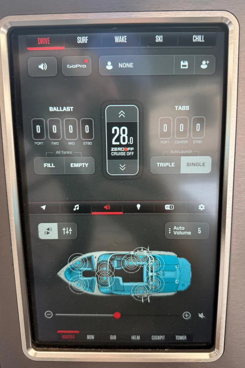 Slide: The Image of Touchscreen control panel of a 2019 MasterCraft X22 boat, displaying various settings and features. - 11