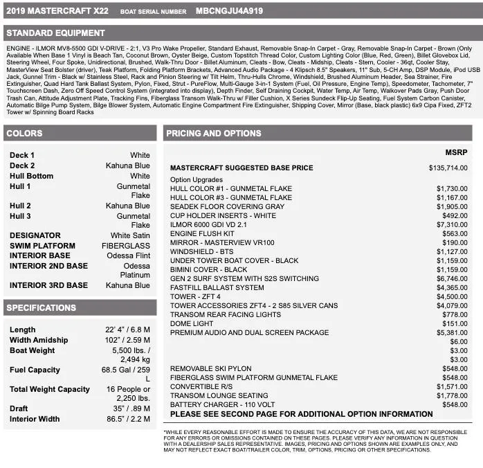 Slide: The Image of 2019 MasterCraft X22 boat specifications and pricing details, featuring color options and upgrades. - 13