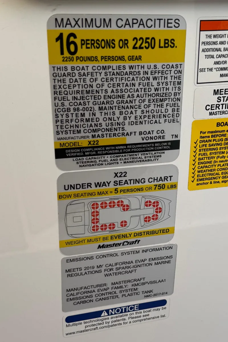 Slide: The Image of 2019 MasterCraft X22 capacity label, seating chart, and safety instructions for 16 people or 2250 lbs. - 14