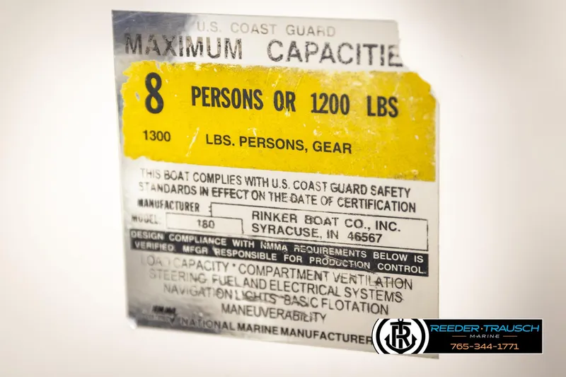 Slide: The Image of Capacity label for 2002 Rinker 180 boat, max 8 persons or 1200 lbs. - 45