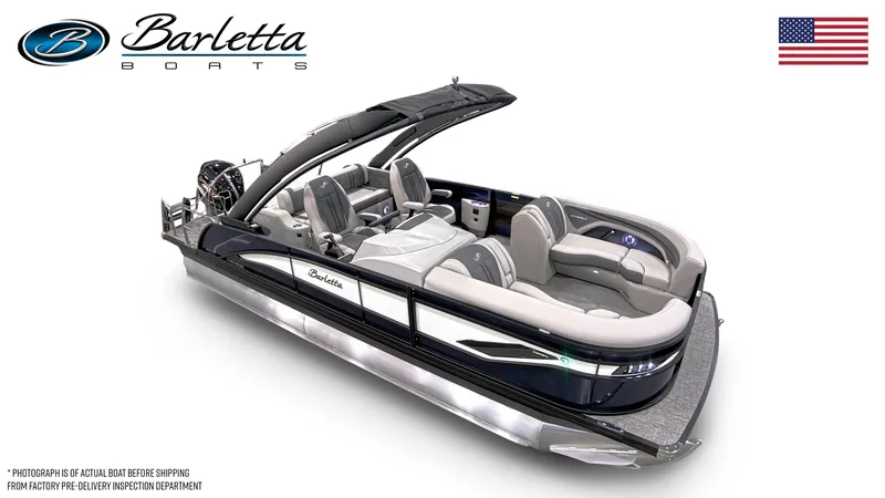 Slide: The Image of 2025 Barletta CORSA 23UCA luxury pontoon boat with sleek design and modern features. - 2