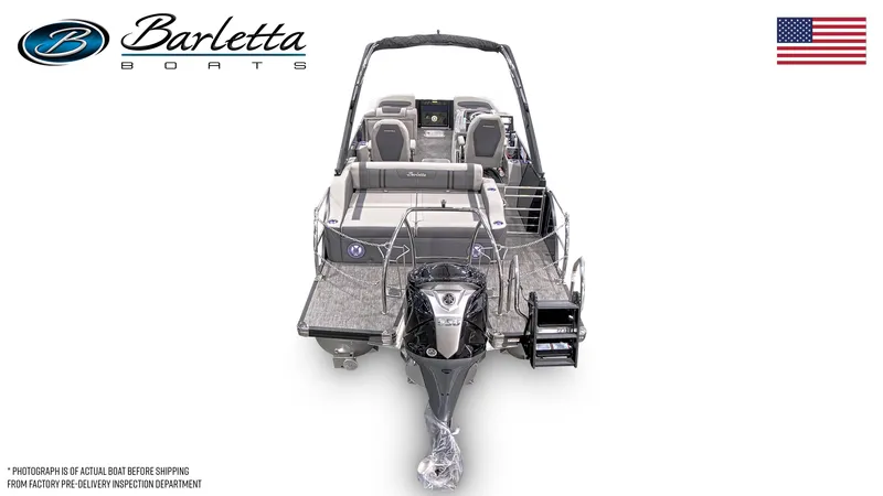 Slide: The Image of 2025 Barletta CORSA 23UCA boat, rear view, featuring sleek design and modern amenities. - 4
