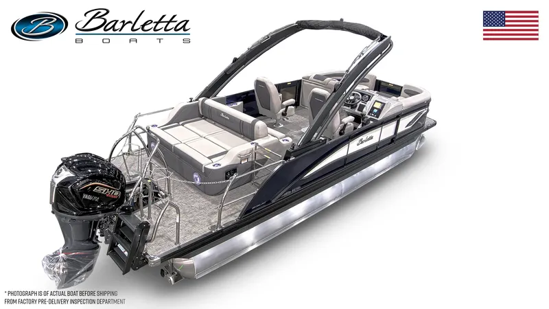 Slide: The Image of 2025 Barletta CORSA 23UCA pontoon boat with sleek design and modern features. - 6