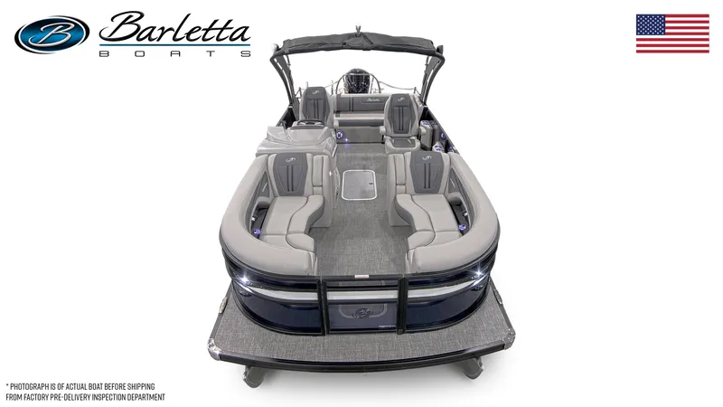 Slide: The Image of 2025 Barletta CORSA 23UCA pontoon boat with sleek design and spacious seating. - 7