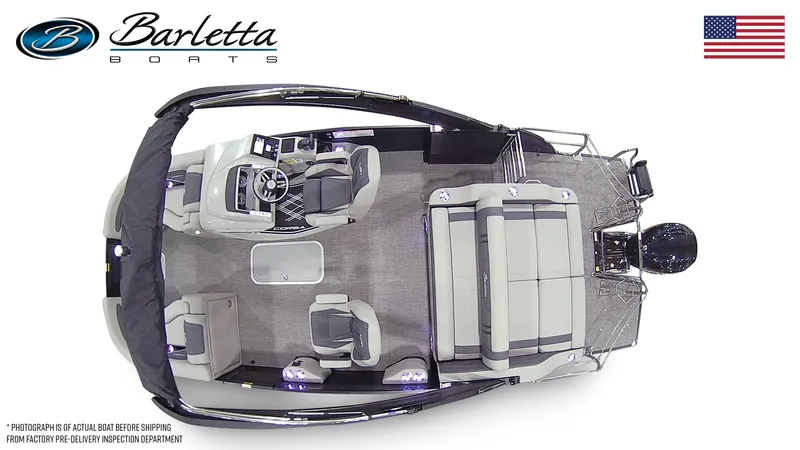 Slide: The Image of 2025 Barletta CORSA 23UCA pontoon boat, top view, spacious seating, modern design. - 9