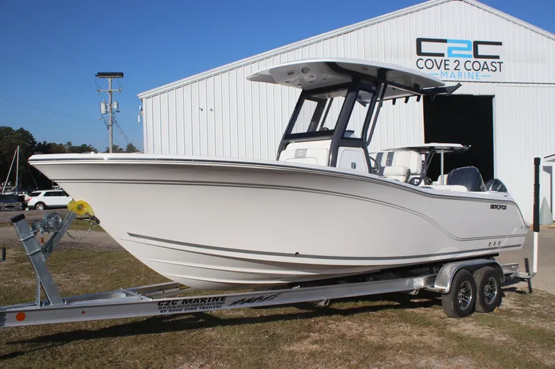 Slide: The Image of 2025 Sea Fox 248 Commander boat on trailer at Cove 2 Coast Marine. - 1