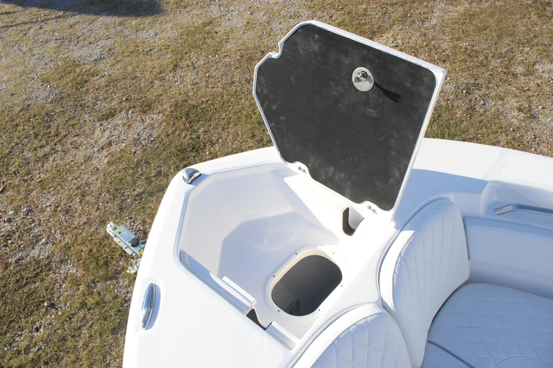 Slide: The Image of 2025 Sea Fox 248 Commander boat storage compartment with open lid, showcasing interior space. - 17