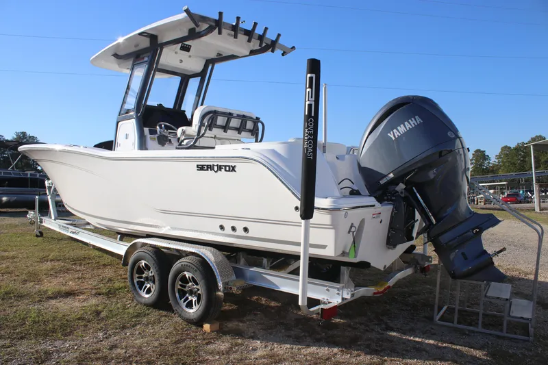 Slide: The Image of 2025 Sea Fox 248 Commander boat on trailer with Yamaha outboard motor. - 4