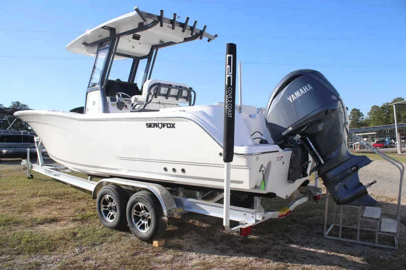 Slide: The Image of 2025 Sea Fox 248 Commander boat on trailer with Yamaha outboard motor. - 5