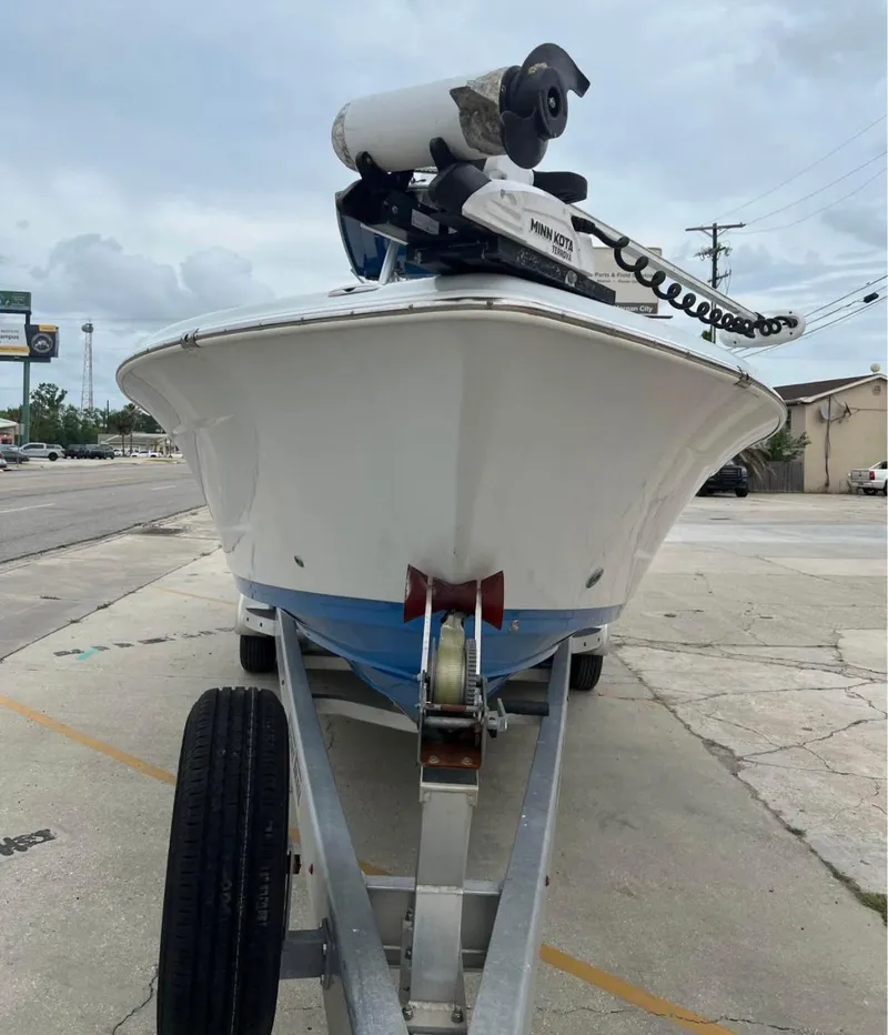 Slide: The Image of 2019 Blue Wave 2800 Pure Bay boat on trailer, front view, overcast sky. - 4