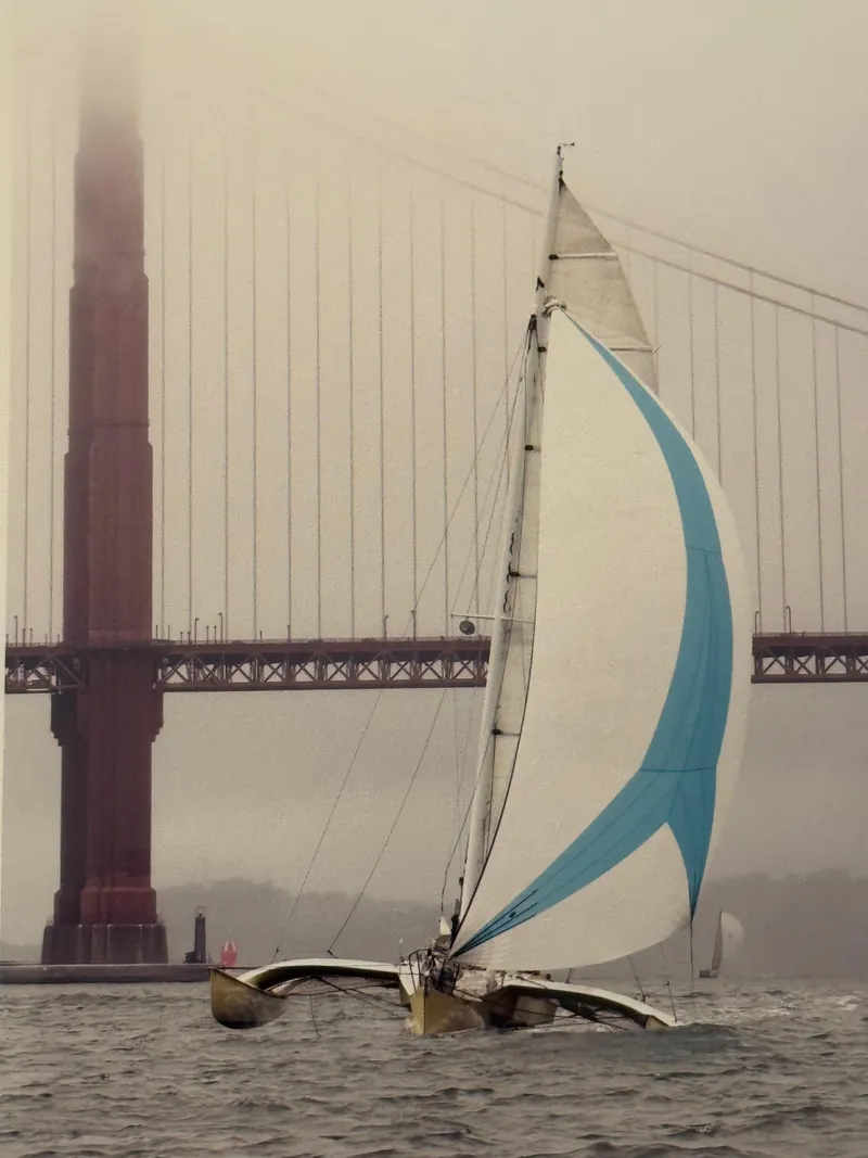 Slide: The Image of 1982 Greene Marine 35 Acapella sailboat navigating choppy waters. - 13