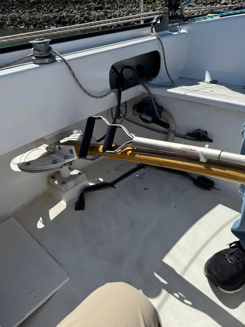 Slide: The Image of Cozy cabin interior of 1982 Greene Marine 35 Acapella sailboat with green bedding. - 9