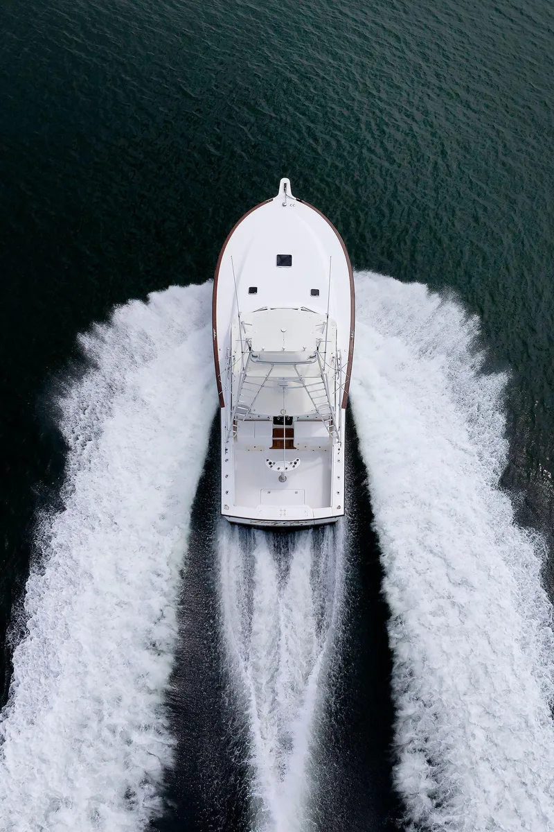 Slide: The Image of Albemarle 41 Express Fisherman 2002 cruising on water, aerial view. - 49